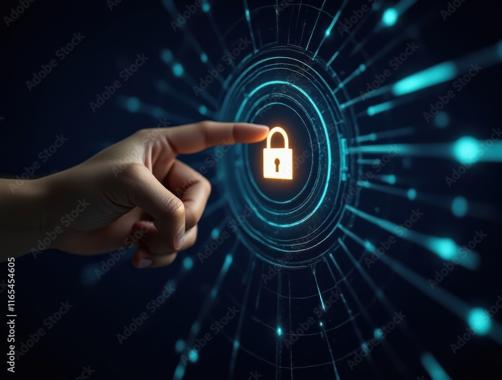 Modern Cybersecurity Concept Depicting Finger Touching Lock Symbol on Digital Screen Modern Cybersecurity Concept Depicting Finger Touching Lock Symbol on Digital Screen