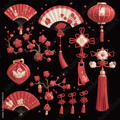 Traditional Chinese Lunar new year, year of the snake Element icon set collection on transparent background template png cutout