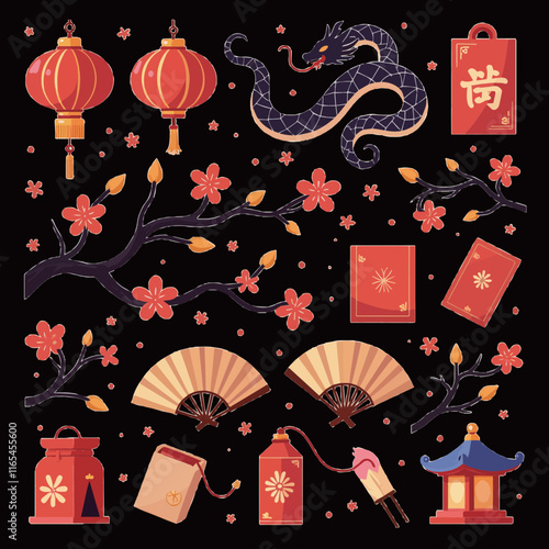 Traditional Chinese Lunar new year, year of the snake Element icon set collection on transparent background template png cutout