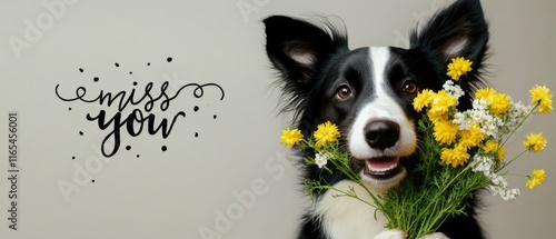 Border Collie Hund mit Blumenstrauß  Ich vermisse dich  Trauerkarte photo