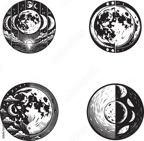 Phases of the Moon Silhouettes - Lunar Cycle in Minimalist Design