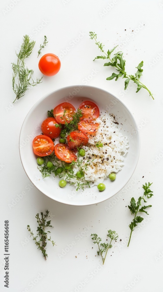 A Vibrant and Healthy Rice Bowl with Fresh Tomatoes and Peas A Vibrant and Healthy Rice Bowl with Fresh Tomatoes and Peas