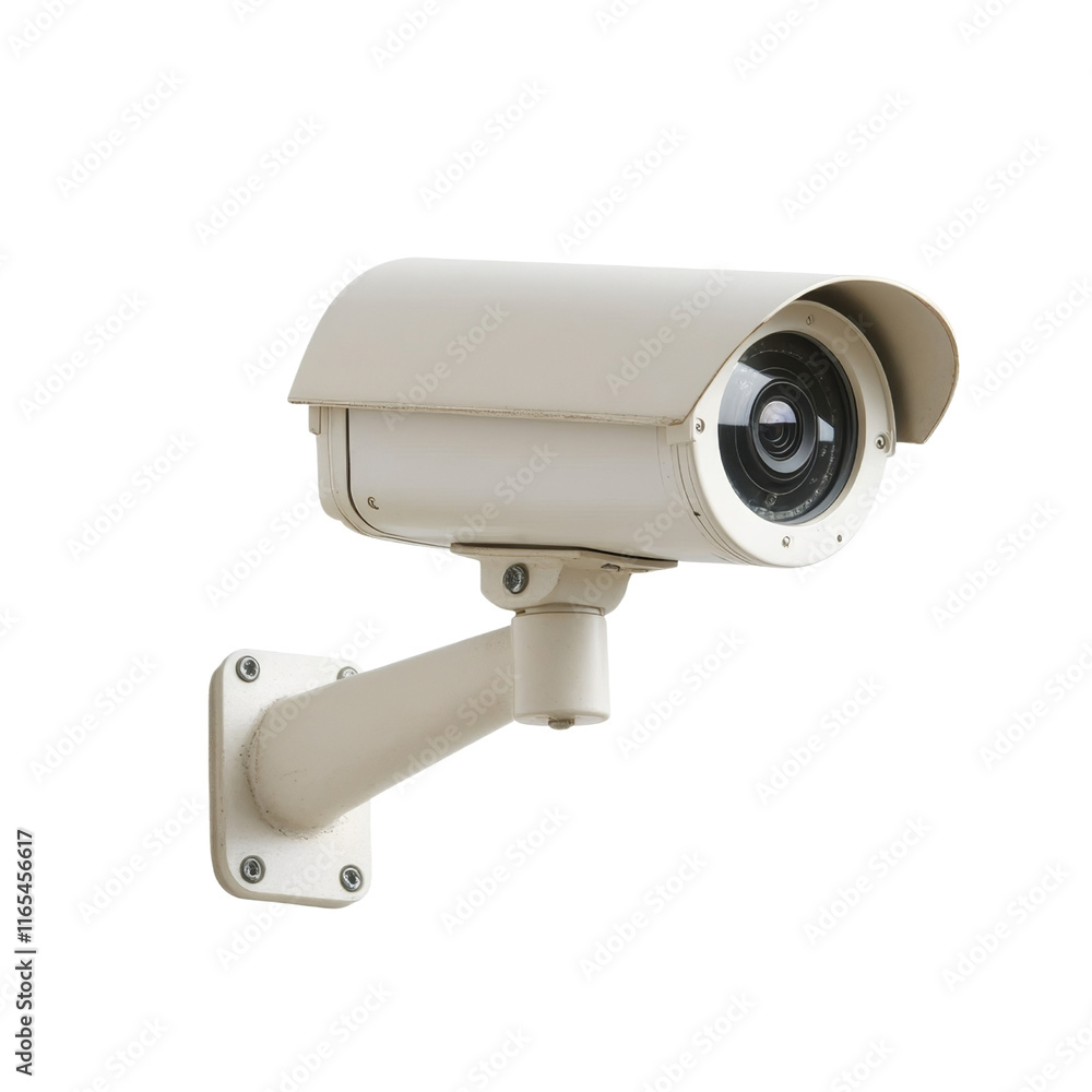 Surveillance camera mounted on wall, designed for security monitoring. This device features protective cover and is ideal for outdoor use, ensuring safety and surveillance Surveillance camera mounted on wall, designed for security monitoring. This device features protective cover and is ideal for outdoor use, ensuring safety and surveillance