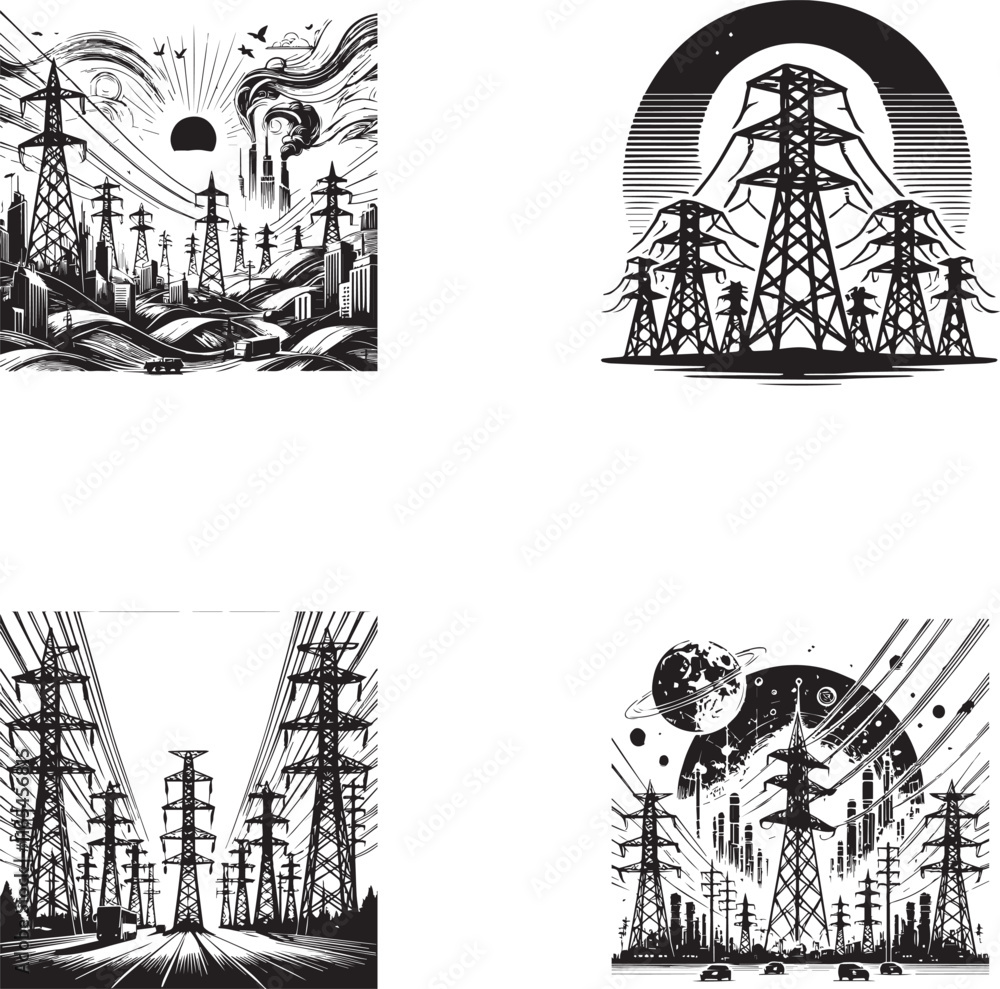 Fototapeta premium Power Lines Silhouette - Utility Poles and Electrical Grid Design