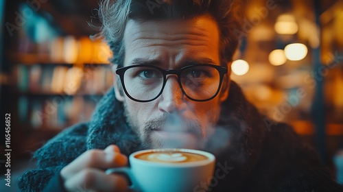 A man in minimalist rectangular glasses, holding a DSLR camera and focusing on a close-up of an espresso cup, soft warm lighting highlighting the steam rising from the coffee, photo