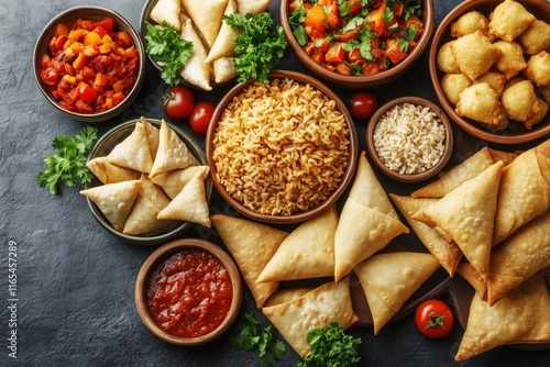 Wallpaper Mural Assortment of indian dishes, including samosas, rice, various dips and vegetables, creating a vibrant and flavorful culinary experience Torontodigital.ca