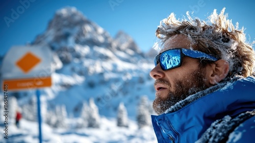 A man with tousled hair and sunglasses stands against a snowy mountain backdrop, exuding determination and adventure, a visual testament to the allure of winter sports and exploration. photo