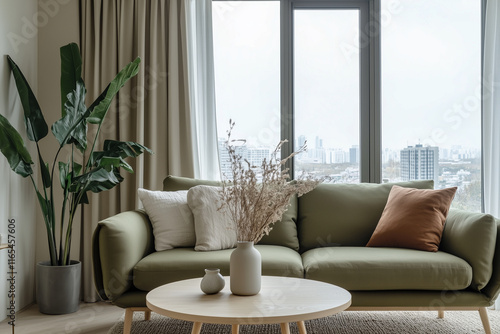 A modern Scandinavian living room with beige walls, sheer beige curtains, and a soft gray fabric sofa 