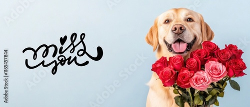 Labrador Retriever mit Rosenstrauß  Ich vermisse dich  Valentinstag photo