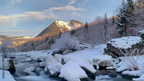 Wallpaper Mural Frost-covered rocks near a snow-capped mountain stream, Torontodigital.ca