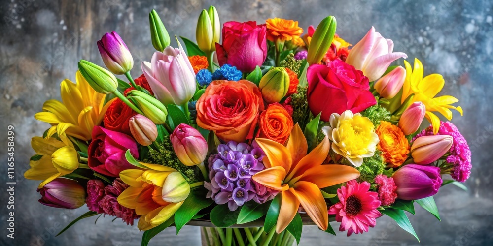 A Vibrant Symphony of Colors A Lush Bouquet Featuring Roses, Tulips, Lilies, and a Variety of Other Blossoms in a Striking Arrangement A Vibrant Symphony of Colors A Lush Bouquet Featuring Roses, Tulips, Lilies, and a Variety of Other Blossoms in a Striking Arrangement
