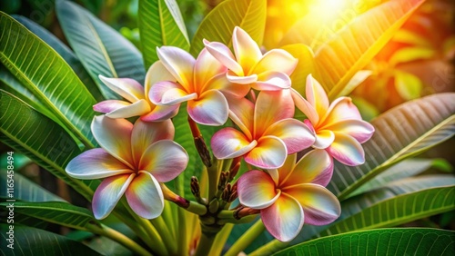 Delicate Pink and Yellow Plumeria Flowers Bask in the Warm Glow of the Setting Sun