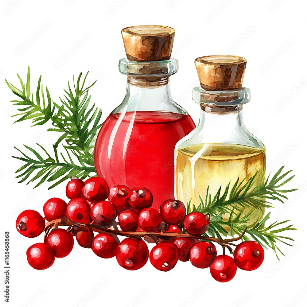 Watercolor painting of two glass bottles with red and yellow essential oils, surrounded by red berries and fir branches. Watercolor painting of two glass bottles with red and yellow essential oils, surrounded by red berries and fir branches.