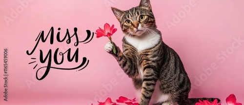 Katze mit Blume, vermisse dich, rosa Hintergrund  Stockfoto photo