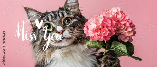 Süße Katze mit Blumenstrauß  Vermisse dich  Stockfoto photo