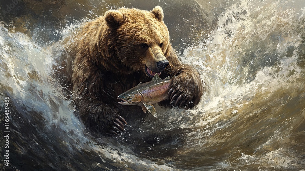 Obraz premium A large grizzly bear catching salmon in a river, the water splashing around its massive paws.