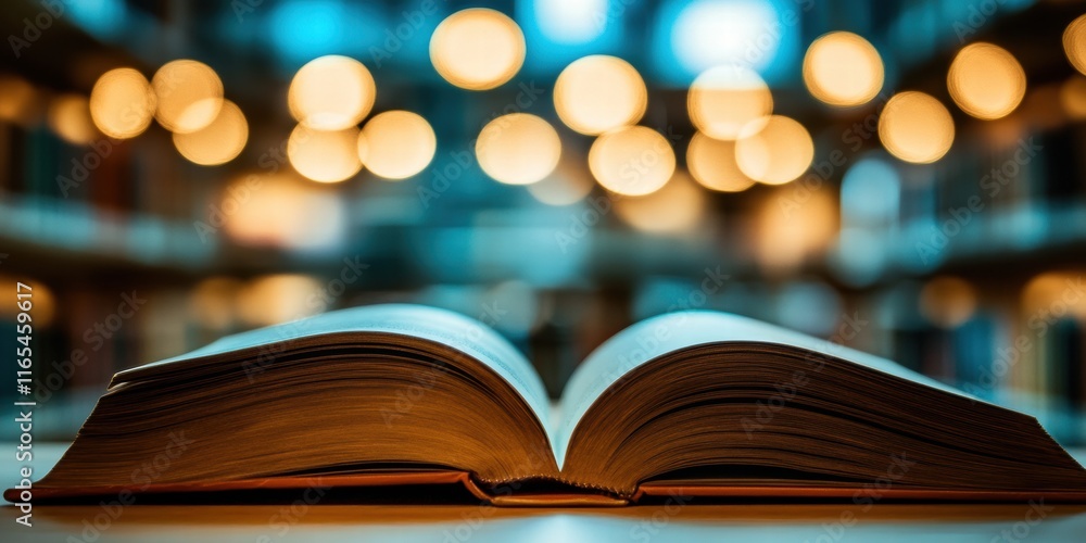 Fototapeta premium Book in a library. Low key lights, blur bokeh 