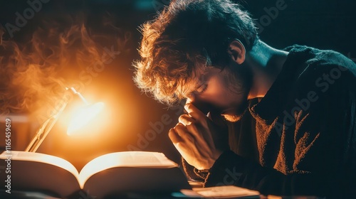 Student poring over books late into the night, illuminated by a single desk lamp, patience, perseverance, determination photo