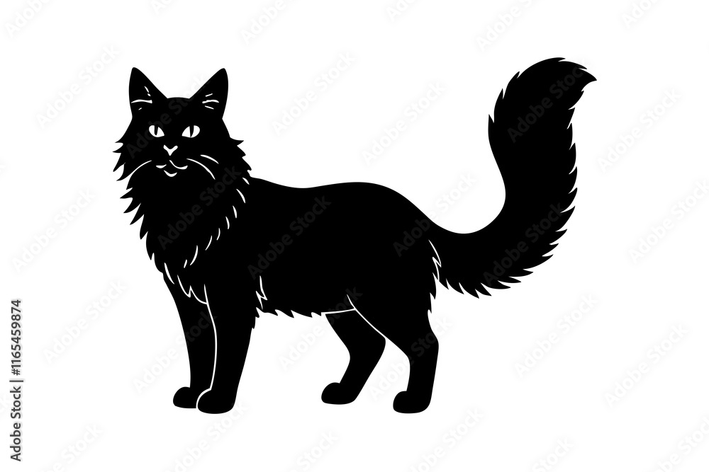 Obraz premium maine coon cat black silhouette vector, Simple silhouette Design vector icon with white background