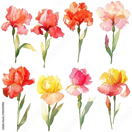 Fototapeta Naklejka Na Ścianę i Meble -  Watercolor Painting of Ten Vibrant Iris Flowers in Various Colors and Stages of Bloom.