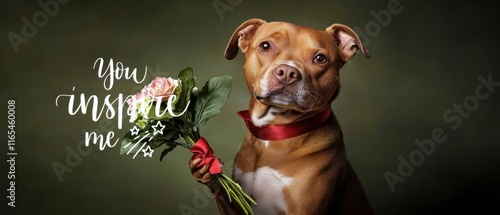 Inspirierender brauner Pitbull hält Blumenstrauß  Stockfoto photo