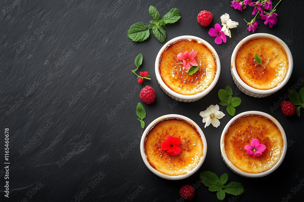  A crème brûlée in a round white dessert bowl