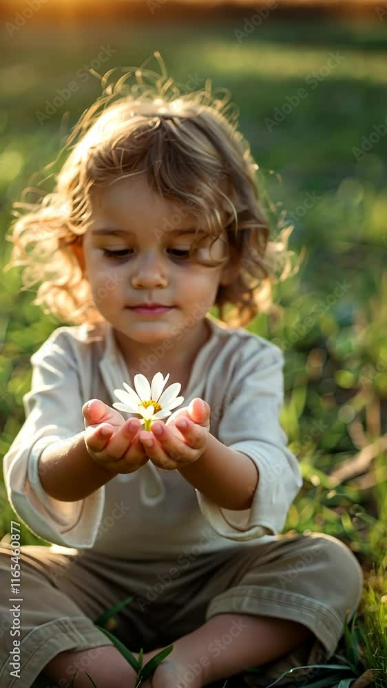delicate wildflower in the hands of a small child sitting in the grass delicate wildflower in the hands of a small child sitting in the grass