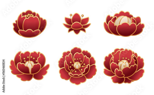 Luxury red peonies with gold edging. Design element for Chinese New Year. Beautiful oriental flowers on a white background. Lunar New Year Element.
