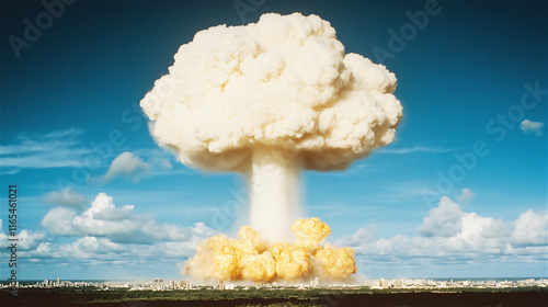 Dramatic image of a massive mushroom cloud explosion against a vivid blue sky, symbolizing danger, war, and the power of nuclear devastation. photo