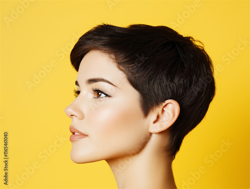 Side profile of a young woman with a modern short haircut, set against a vibrant yellow background, emphasizing elegance, style, and individuality. photo