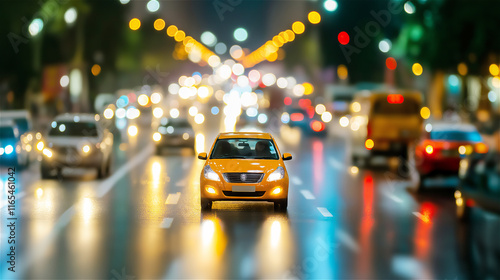 Night street with vibrant car lights, reflecting dynamic movement and the essence of a bustling city life in a blur of colorful motion and energy. photo