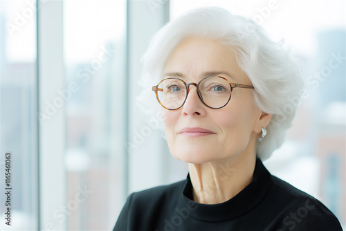 A senior woman with glasses looks thoughtfully out a window in a modern office setting. The image conveys wisdom, professionalism, and reflection. photo