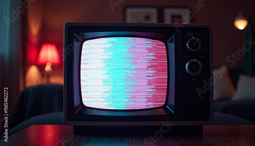 Vintage Television with Glitching Screen in a Cozy Room photo