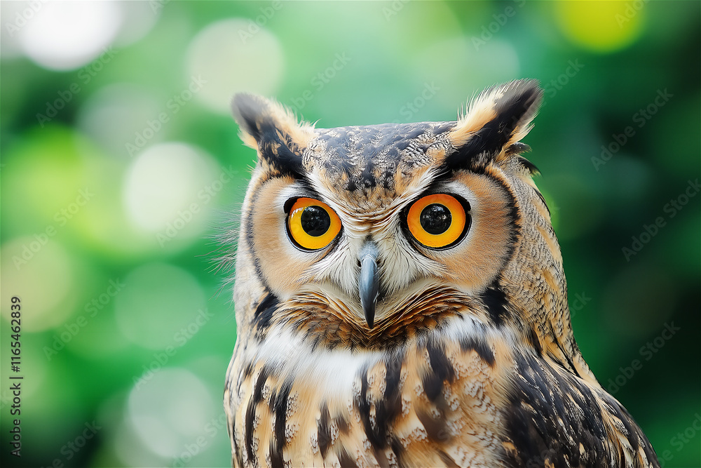 Obraz premium A close-up image of an alert owl with bright yellow eyes, perched against a natural blurred background, symbolizing wisdom and focus.