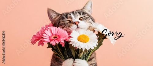 Entzückende Katze mit Blumenstrauß  Süße Entschuldigung photo