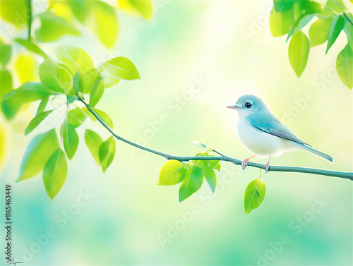 A serene bluebird perched on a leafy branch in a soft sunlight setting, showcasing nature's beauty and tranquility, perfect for spring themes. photo