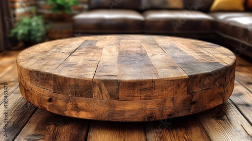 Rustic round wooden coffee table in living room.