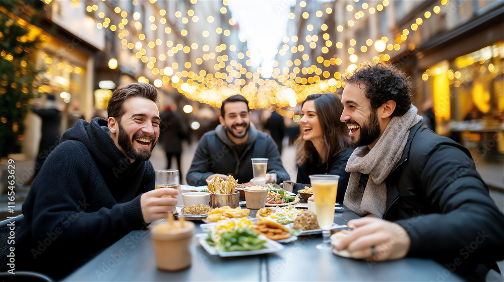 Group of friends enjoying an outdoor meal in a festive urban setting with fairy lights in the background. The image captures joy, connection, and holiday vibes. Group of friends enjoying an outdoor meal in a festive urban setting with fairy lights in the background. The image captures joy, connection, and holiday vibes.
