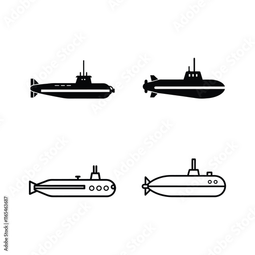 editable silhouette of Submarine icon vector set