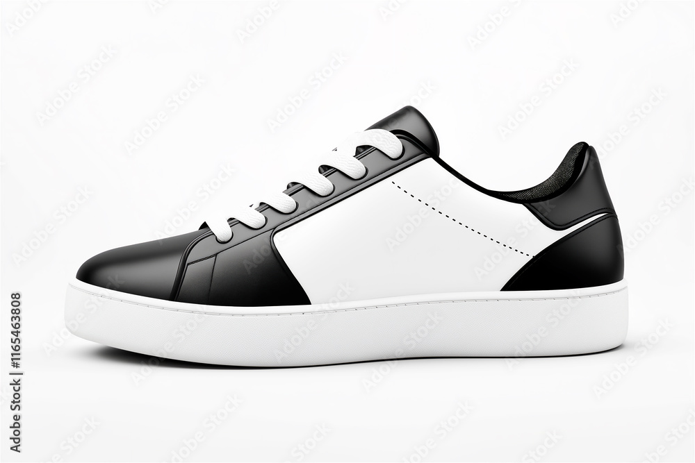 Stylish black and white sneakers isolated on a plain white background, showcasing a modern and versatile footwear design for urban lifestyles. Stylish black and white sneakers isolated on a plain white background, showcasing a modern and versatile footwear design for urban lifestyles.