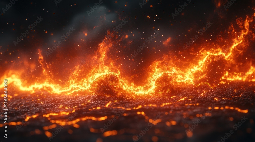 Fiery flames cascading over a volcanic landscape. Fiery flames cascading over a volcanic landscape.