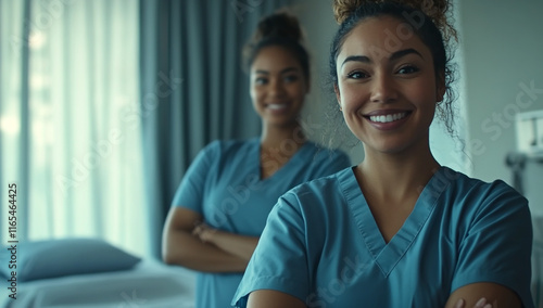 Two female nurses stand in the background, dressed in medical scrubs, with stethoscopes around their necks, ready for their next task. photo