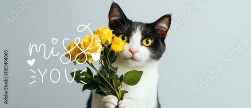 Schwarze Katze mit gelben Rosen, vermisse dich Botschaft, niedliches Haustierfoto photo