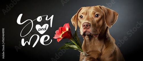 Liebes Hundebild: Brauner Hund mit roter Blume und Du und Ich Botschaft photo