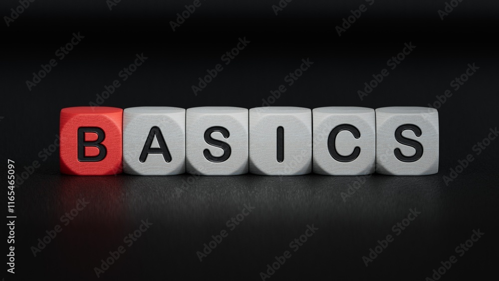 Basics symbol. Concept word Basics on wooden cubes.Business and Basics concept.close up of wooden elements,Business Concept.3D rendering on black background. Basics symbol. Concept word Basics on wooden cubes.Business and Basics concept.close up of wooden elements,Business Concept.3D rendering on black background.