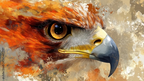 Painted eagle portrait, fire-like orange hues, and detailed eye, against abstract background.