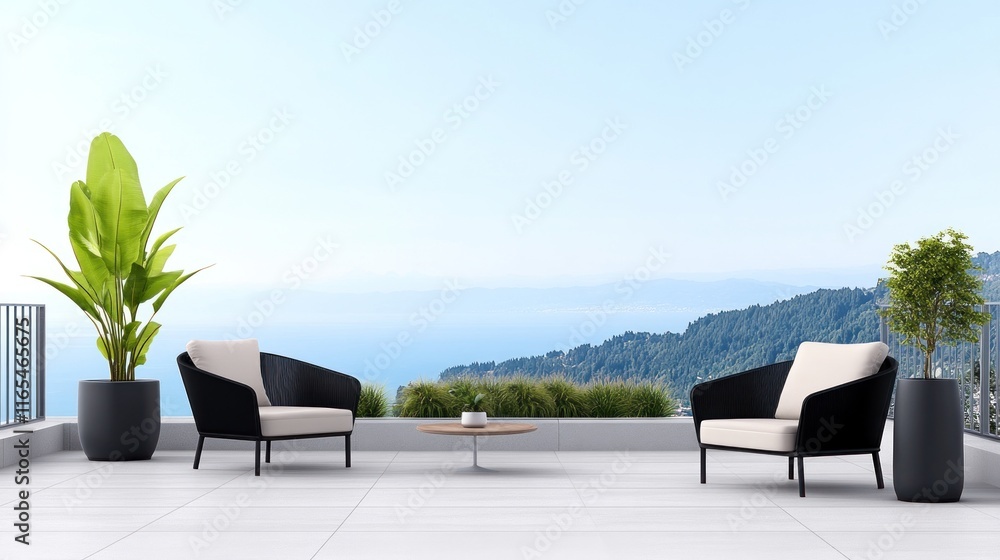 Modern terrace with seating and plants overlooking a scenic view. Modern terrace with seating and plants overlooking a scenic view.