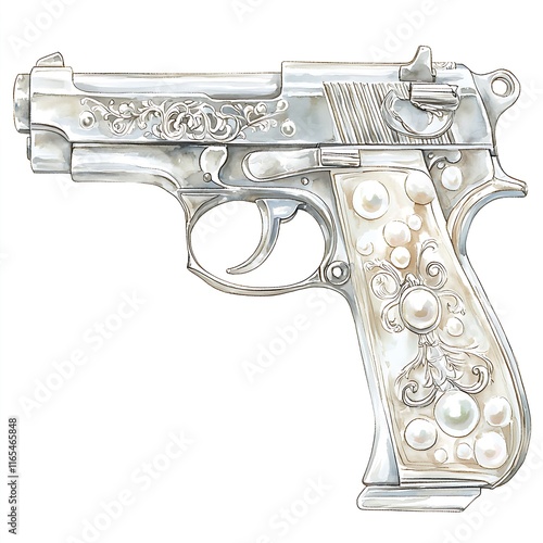 Ornate Pearl-Inlaid Handgun Watercolor Illustration. photo