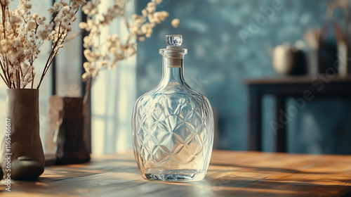 Une bouteille ou flacon avec décors ciselés dans le verre ou le cristal, ambiance art déco,  dans un intérieur chic dans les tons bleus et beige photo