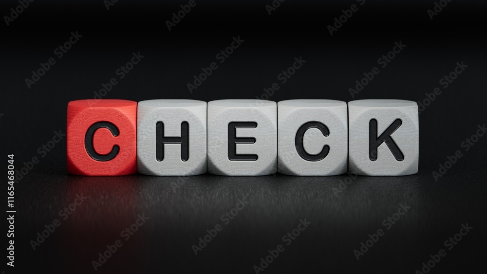 wooden cube block with CHECK business word. Mission, Vision and core values concept.close up of wooden elements,Business Concept.3D rendering on black background. wooden cube block with CHECK business word. Mission, Vision and core values concept.close up of wooden elements,Business Concept.3D rendering on black background.